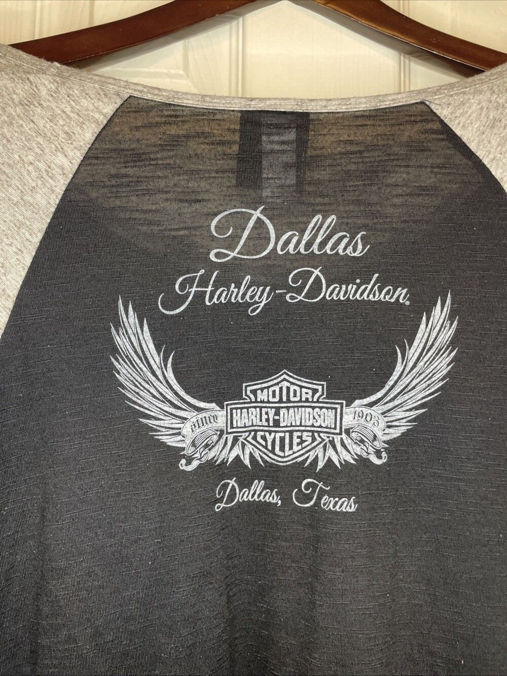 Harley-Davidson Dallas Tee Women’s XL Black Gray 3/4 Sleeve Angel Wings Logo - Picture 7 of 9